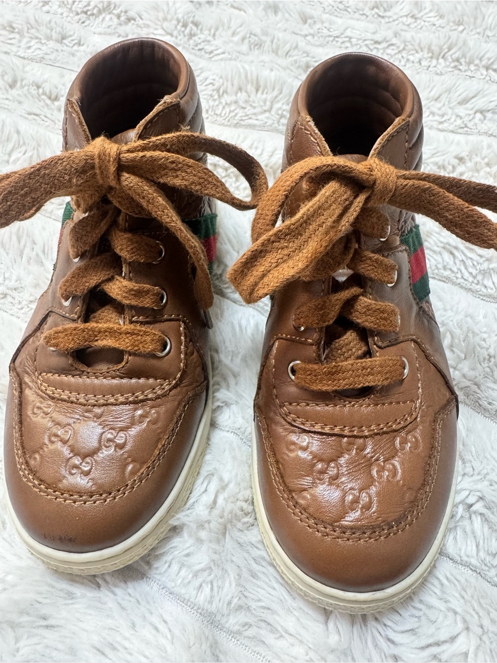 Gucci Brown Leather High-Top Sneakers with Green-Red Web Stripe
